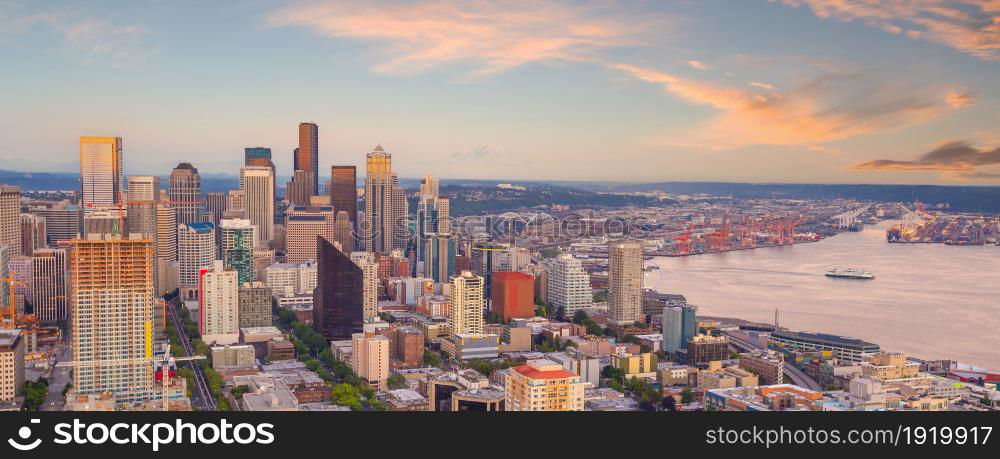 Downtown Seattle city skyline cityscape in United States of America at susnset