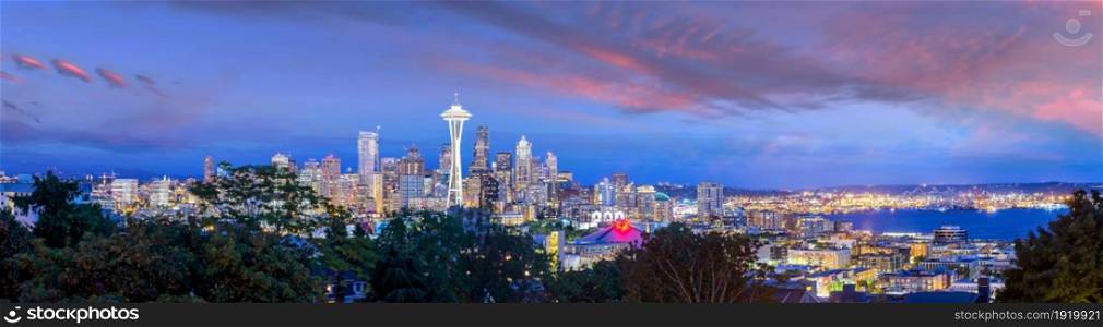 Downtown Seattle city skyline cityscape in United States of America at susnset