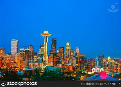 Downtown Seattle cityscape at night time as seen from the Kerry park