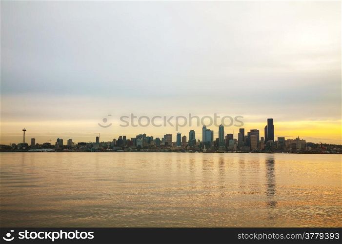 Downtown Seattle cityscape in the morning at sunrise