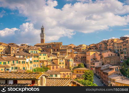 Downtown Siena skyline in Italy with blue sky