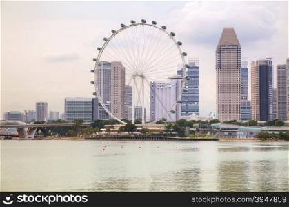 Downtown Singapore as seen from the Marina Bay in the evening