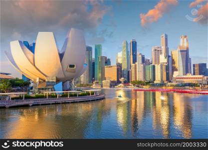 Downtown Singapore city skyline. Cityscape of business district area at twilight
