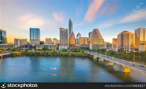 Downtown Skyline of Austin, Texas in USA from top view at sunset