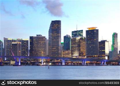 Downtown skyline of Miami at dusk, Florida, USA