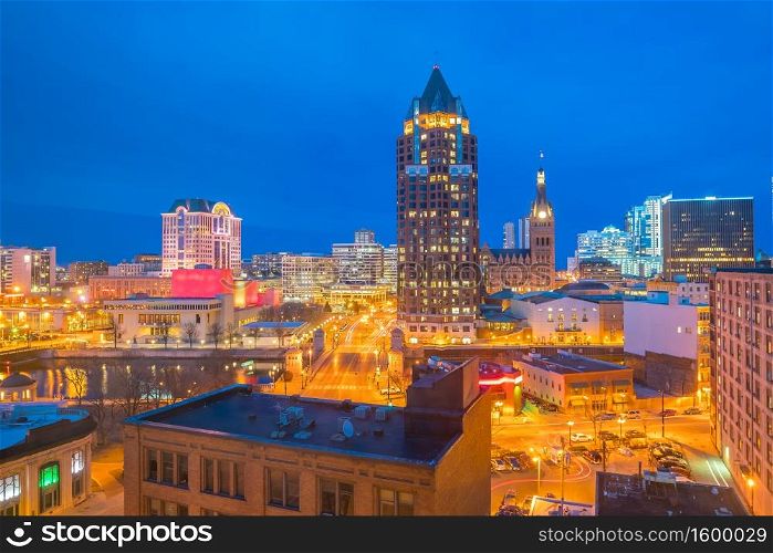 Downtown skyline with Buildings in Milwaukee at twilight, in Wisconsin USA