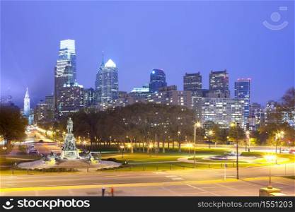 Downtown skyline with City Hall at night, Philadelphia, Pennsylvania, USA