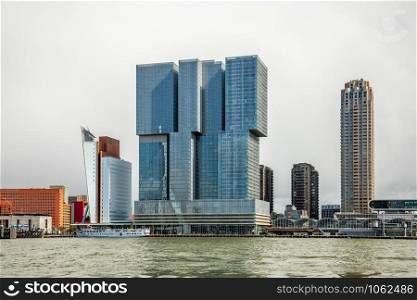 Downtown skyscrapers at the embankment of Maas river, Rotterdam. The Netherlands