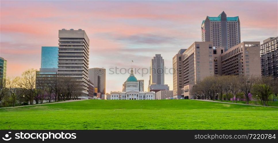 Downtown St. Louis city skyline, cityscape of Missouri in USA at sunset