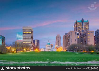 Downtown St. Louis city skyline, cityscape of Missouri in USA at sunset