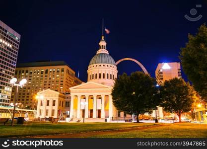 Downtown St Louis, MO with the Old Courthouse at night