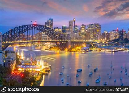 Downtown Sydney skyline in Australia from top view at sunset