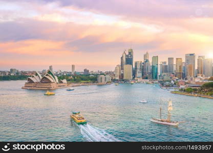 Downtown Sydney skyline in Australia from top view at twilight