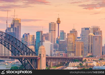 Downtown Sydney skyline in Australia from top view at twilight