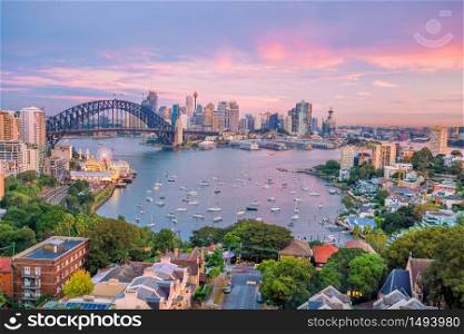 Downtown Sydney skyline in Australia from top view at twilight