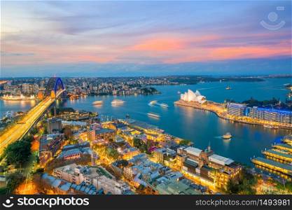 Downtown Sydney skyline in Australia from top view at twilight