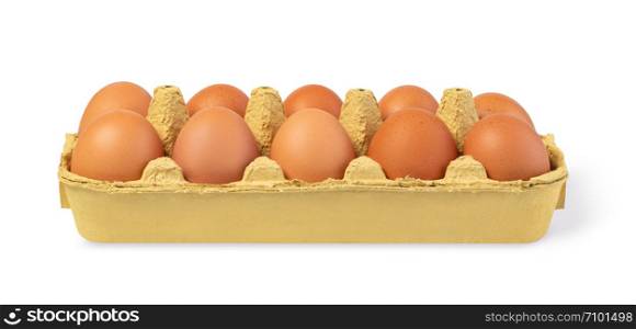 Dozen eggs in a cardboard box; Isolated on white background; brown; isolated. Chicken egg