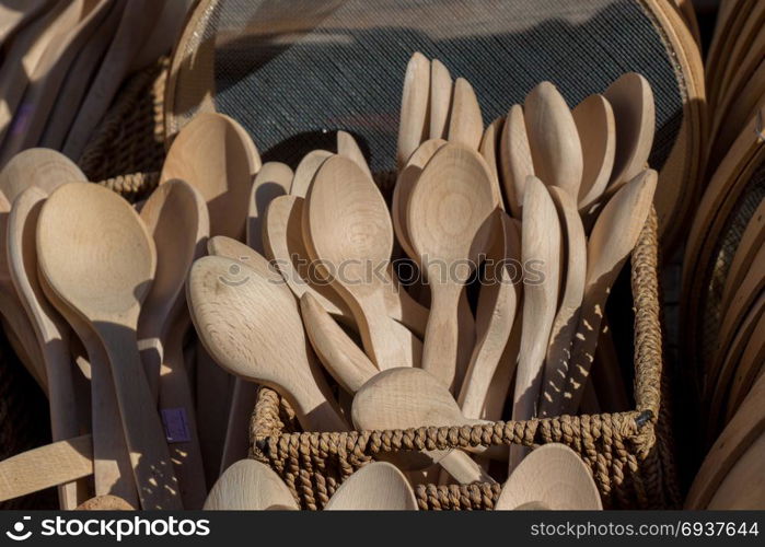 dozens of soup spoon or tablespoon made of wood