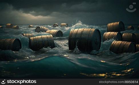 dozens of whiskey barrels floating in a sea after a shipwreck  created by generative AI