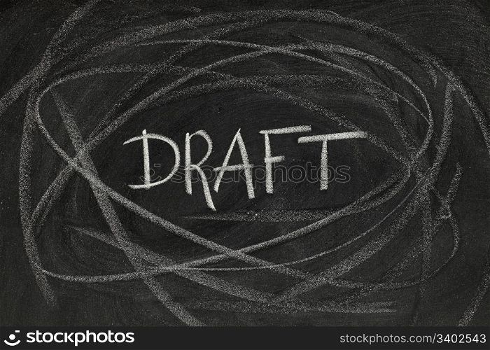 draft headline handwritten with white chalk on blackboard with rough lines and smudges