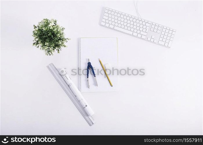 drafting tools near plant keyboard