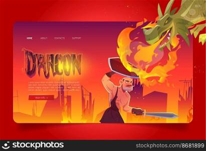 Dragon attack knight cartoon landing page, magic character breathing with fire fighting medieval warrior with sword and shield. Epic scene for fairytale game, fantasy movie or book, vector web banner. Dragon attack knight cartoon landing page, fantasy