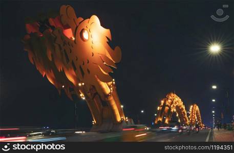 Dragon bridge night light in danang, vietnam