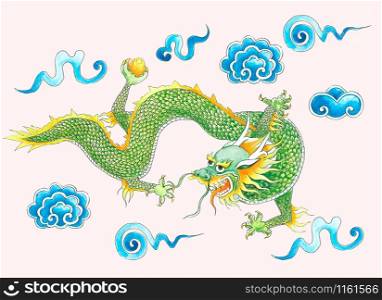 Dragon bright illustration. Dragon flying in the clouds.. Dragon bright illustration Chinese Dragon of power and wisdom.