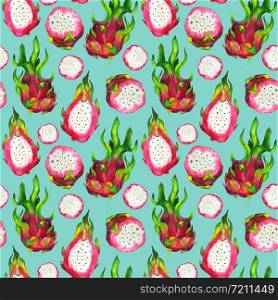 Dragon fruit watercolor pattern on a blue background. Seamless hand made pitahaya illustration. For fashion design, home decor, notebooks, cards.