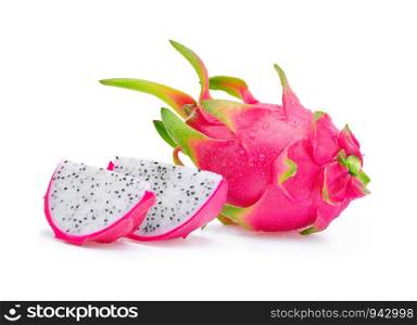 dragon fruit with drops of water on white background.