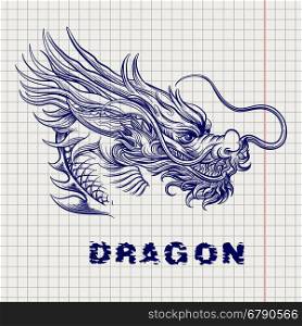 Dragon head sketch on notebook page. Sketch of dragon head on notebook page. Vector illustration
