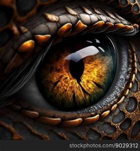 Dragon reptile eye closeup. Generative AI. High quality illustration. Dragon reptile eye closeup. Generative AI