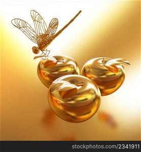 Dragonfly on gold apples