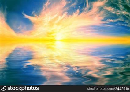 Dramatic alien sky is reflected in the water. Panorama. Dramatic alien sky is reflected in the water