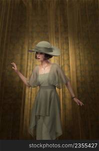 Dramatic background with 3d woman wears 40s fashioned green dress illustration.