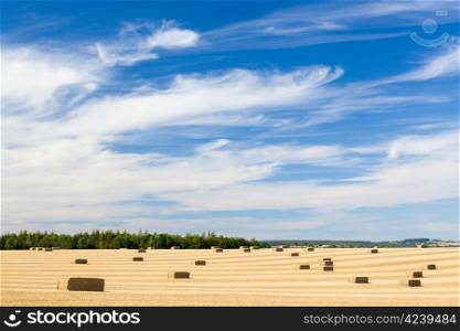 Dramatic blue sky and clouds over harvested corn in Cotswolds in England