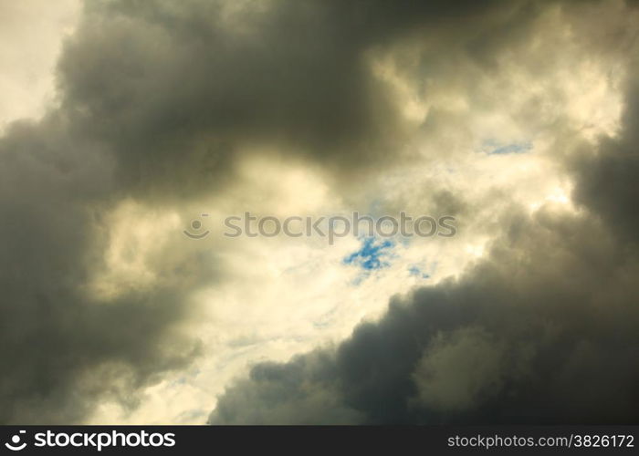 Dramatic cloudscape. Dark stormy clouds covering the sky as nature background. Meteorology.