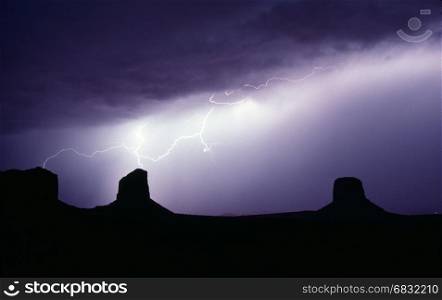 Dramatic electrical storm creates lightning bolts that hit two buttes at once