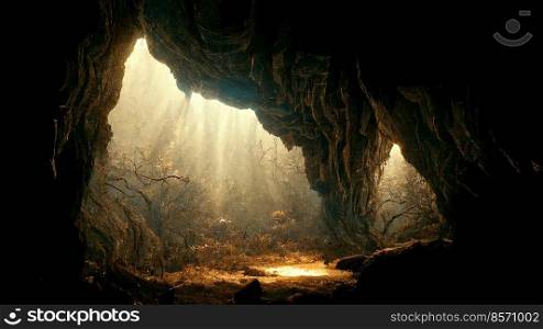 Dramatic light in dark cave landscape, mysterious and surreal, digital art 