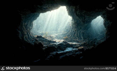 Dramatic light in dark cave landscape, mysterious and surreal, digital art 