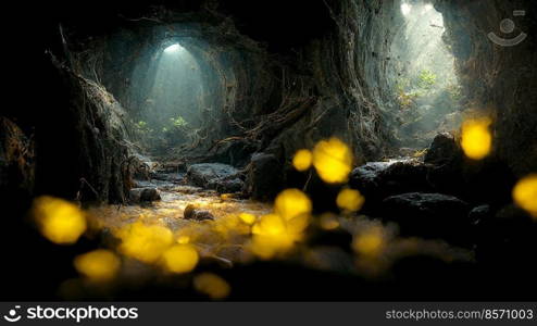 Dramatic light in dark cave landscape with fireflies, mysterious and surreal, digital art 