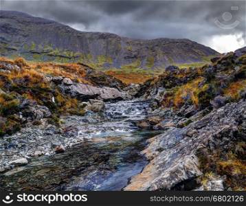 Dramatic morning in Fairy Pools, Glen Brittle, Isle of Skye, Inner Hebrides, Highlands, Scotland, UK
