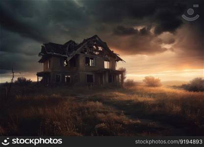 Dramatic old house destroyed. Storm insurance. Generate Ai. Dramatic old house destroyed. Generate Ai