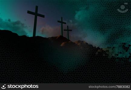 Dramatic sky silhouettes three wooden crosses with shafts of sunlight breaking through the clouds