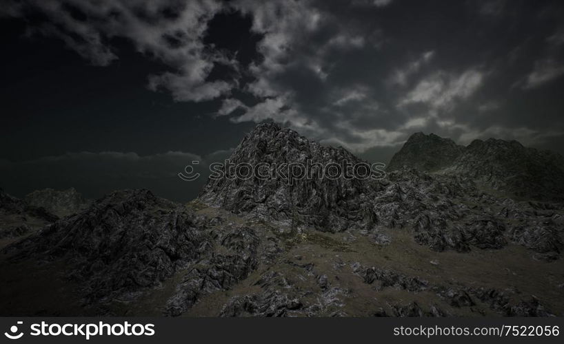 dramatic storm sky with the sun coming through the dark clouds over rough mountains in Iceland. Dramatic Storm Sky over Rough Mountains