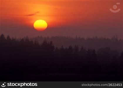 Dramatic yellow sun setting over silhouette of remote wooded landscape