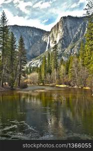 Dramatic Yosemite River and Upper Falls HDR Image.