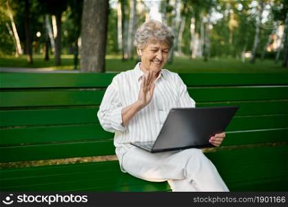 Drandma in glasses using laptop on the bench in summer park. Aged people lifestyle. Pretty grandmother having fun outdoor. Drandma using laptop on the bench in summer park