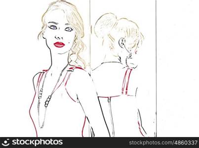 draw of pretty young girl , she is wearing a red dress , she is looking away . she has red lipstick