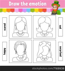 Draw the emotion. Worksheet complete the face. Coloring book for kids. Cheerful character. Vector illustration. Black contour silhouette. Isolated on white background.